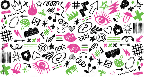 This image features a vibrant and eclectic mix of graffiti symbols and doodles in pink, green, and black ink on a white background. The illustration showcases 