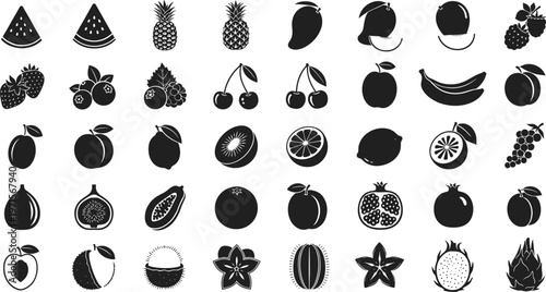 Collection of black and white fruit icons on white background