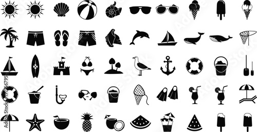 Collection of black beach icons on white background for summer concepts