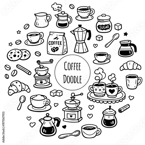 Cute doodle cartoon coffee shop icons. Outline hand drawn for coffee and bakery for cafe menu