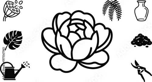 Garden Icons Set — Flat Vector Illustration of Flower, Tropical Leaves, Watering Can, Pruning Shears, Fern, Vase, Soil, and Decorative Plants