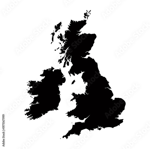 Black silhouette map of United Kingdom with Ireland on transparent background