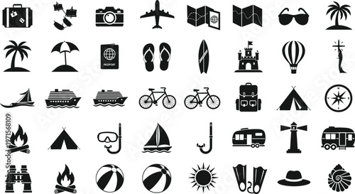 Collection of travel and vacation icons on white background