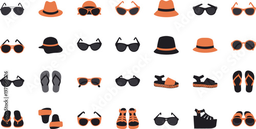 Collection of summer accessories icons including hats sunglasses and sandals
