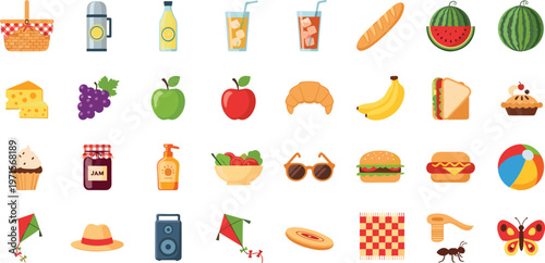 Colorful Summer Picnic Icon Set with Food and Fun Items