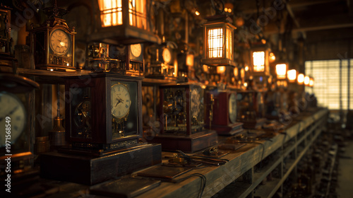 Antique Japanese clockmaker's workshop in steampunk style featuring rows of traditional Wa-dokei clocks and warm lanterns.