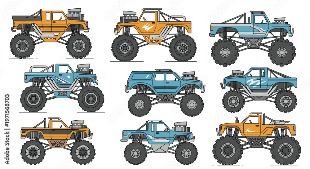 Fototapeta premium Rugged collection of nine different monster truck designs featuring massive wheels, custom paint jobs, and powerful engine details.