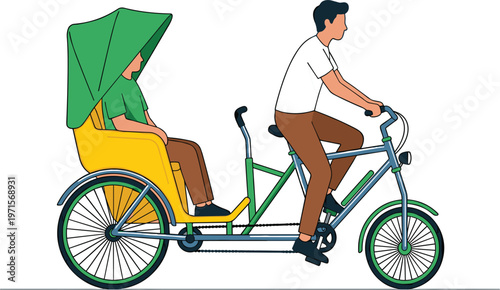 Side view rickshaw transportation vector illustration urban cycle taxi service carrying passenger minimal flat design concept.eps