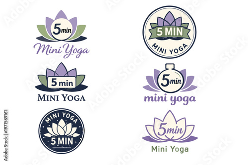 Collection of mini yoga logos featuring lotus designs and 5-minute theme