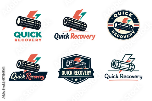Diverse quick recovery logos with bold lightning and print roll elements