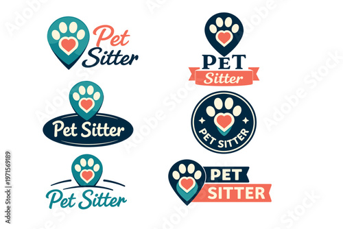 Colorful pet sitter logos with heart and paw design elements