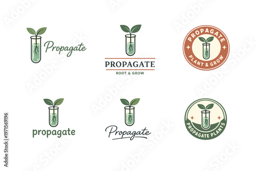 Botanical logo designs featuring propagation themes with test tube and leaf motifs