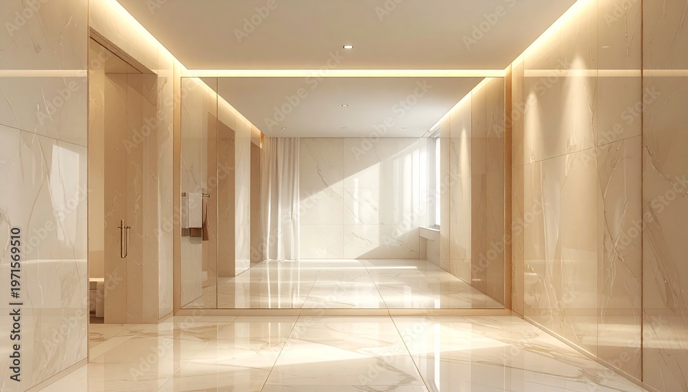 Fototapeta premium Modern luxury hallway with marble walls and soft ambient lighting design