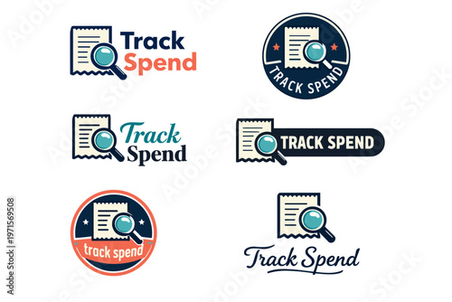 Track spend logos featuring magnifying glass and receipt designs in various styles and colors