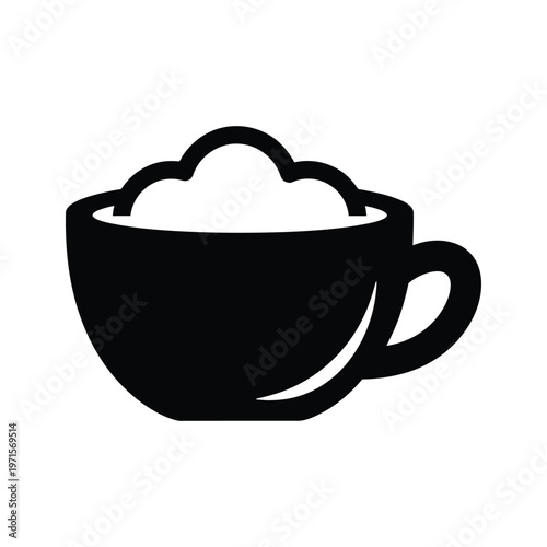 A stylized black and white illustration of a teacup with steam rising from the top