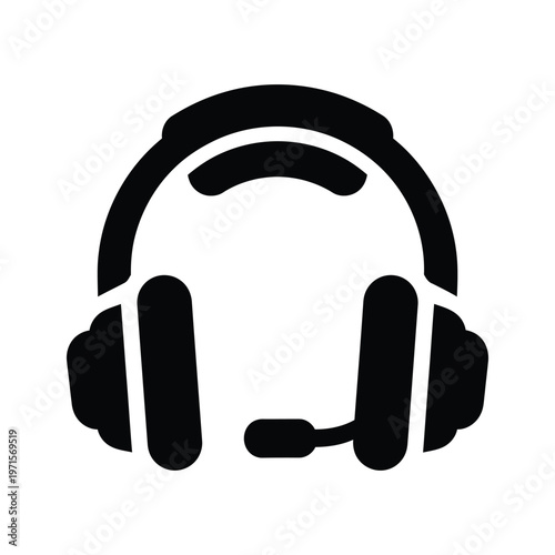 Black and white illustration of a headset with a microphone attachment