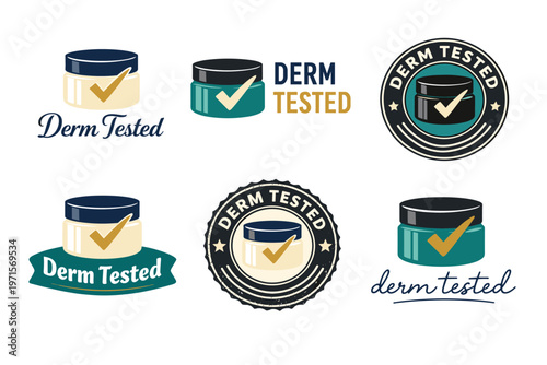 Derm tested logos with cream jars and check marks in various styles