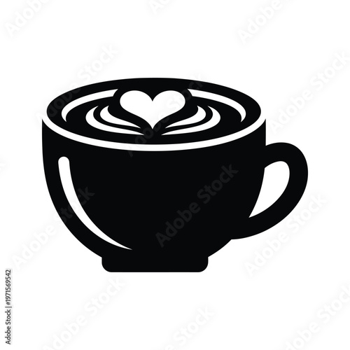 A stylish coffee cup with a heart-shaped latte art design on its foam
