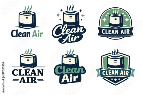 Collection of clean air logos featuring air purifiers with modern designs