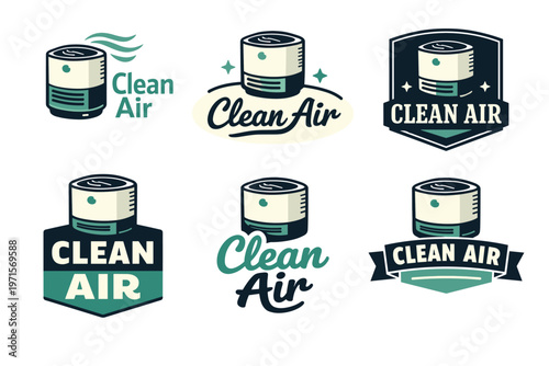 Set of clean air logos with air purifier designs in various styles