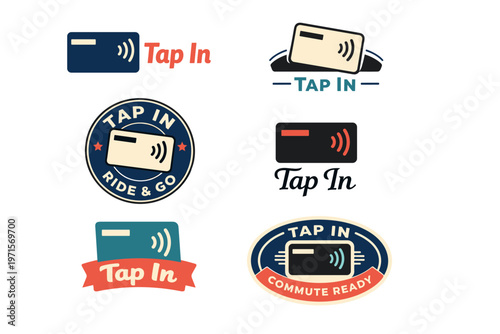 Collection of tap in payment card logos for contactless commuting
