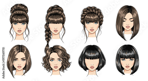 Comprehensive set of eight female faces showcasing a variety of stylish hair colors, cuts, and elaborate hairstyles for beauty inspiration.