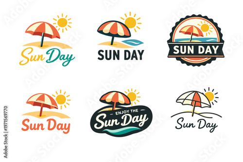 Colorful sun day logos with beach umbrella and sun illustrations