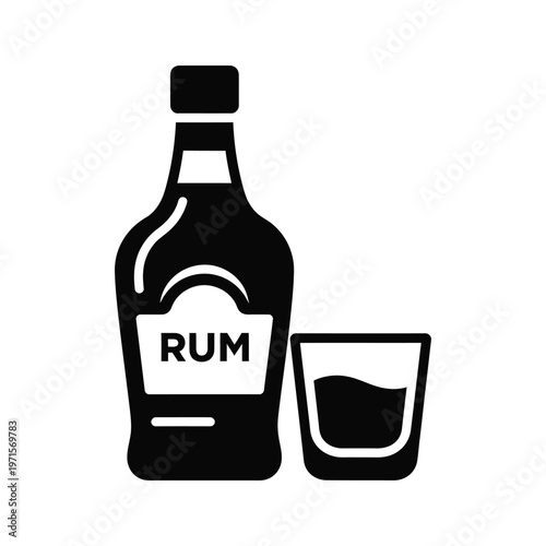 Black and white illustration of rum bottle and glass with rum
