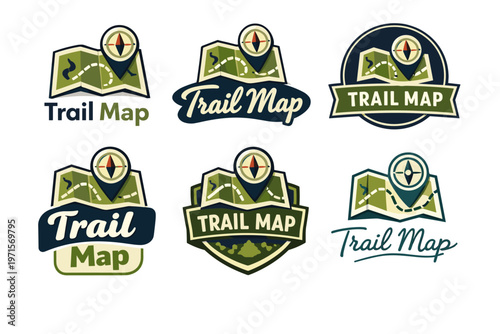 Set of trail map logos with compass icons and pathways in green and blue tones