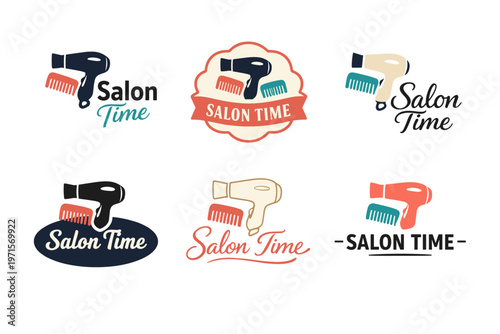Salon time logos: hairdryer and comb designs for beauty branding