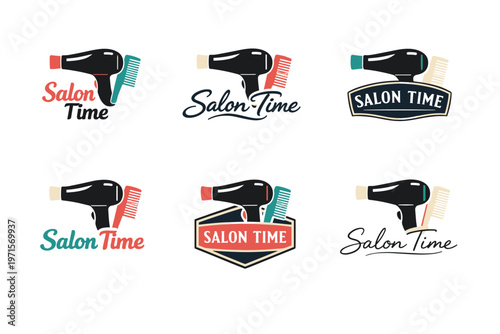 Salon time logos with hairdryer and comb in various styles and colors