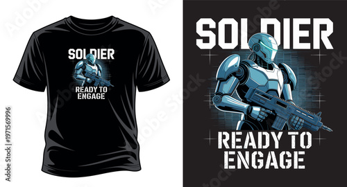 Futuristic robot soldier character standing with rifle in sci fi armor plating. vector art print templet.