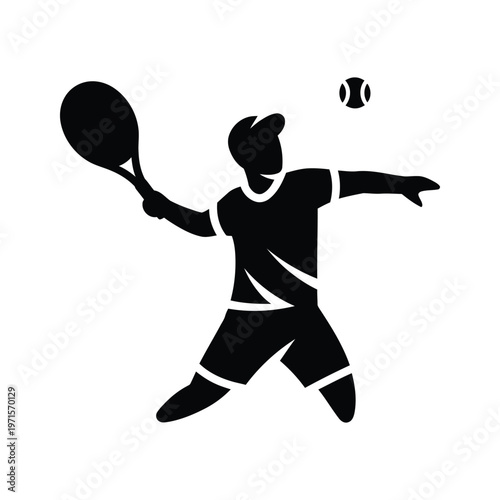 A dynamic silhouette of a tennis player in action hitting a ball with a racket
