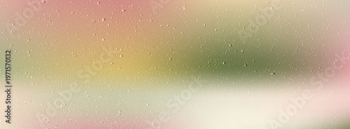 Realistic Water Condensate Drops over Blurred Multi-Color Gradient Background Pink, Green, Beige. Soft focus, abstract texture for weather and humidity.