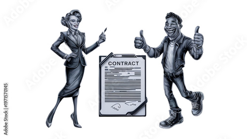 Business people standing with a contract document and giving thumbs up