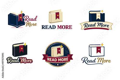 Read more icon set with books and star emblems on white background