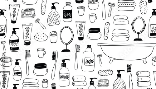 Hand-drawn black and white sketch of bathroom essentials and personal care products