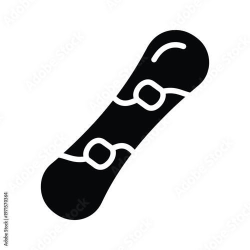 Black and white illustration of a snowboard with bindings and boots