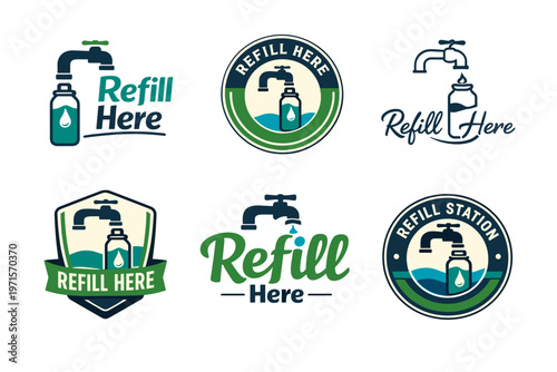 Water refill station logos with tap and bottle designs