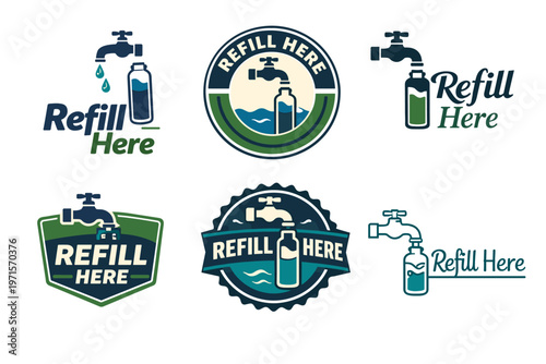 Refill here logos featuring water bottles and taps in varied designs