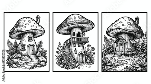 Whimsical mushroom houses with intricate details and surrounding foliage, perfect for fantasy art and nature illustrations