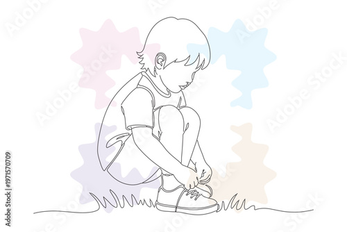 Charming Continuous Line Drawing of a Child Tying Shoelaces, Pastel Background, Hand-Drawn Style, Minimalist Illustration for Kids and Family Concepts