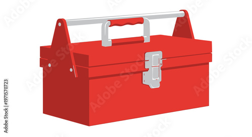 Red metal toolbox with handle.