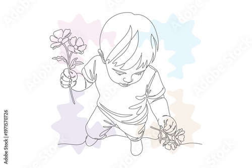 Charming continuous line illustration of a child delicately holding wildflowers, a heartwarming scene perfect for storybooks and gentle designs.