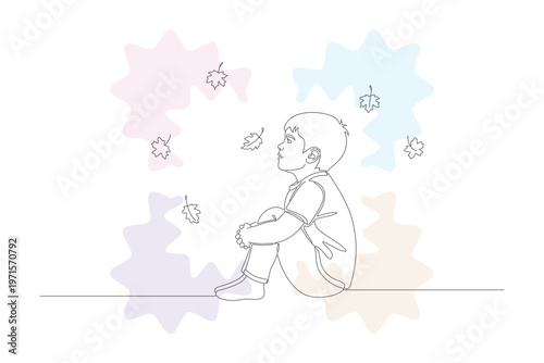 Continuous Line Drawing of a Child Gazing at Falling Autumn Leaves, Minimalist Illustration with Pastel Backgrounds
