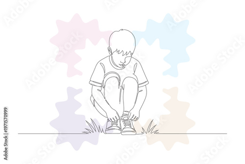 Continuous Line Drawing of a Young Boy Squatting with Colorful Abstract Shapes, Hand-Drawn Style for Children's Illustration