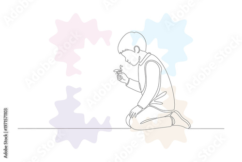 Gentle Continuous Line Drawing of a Child Kneeling and Examining a Flower, Minimalist Illustration with Pastel Background Elements