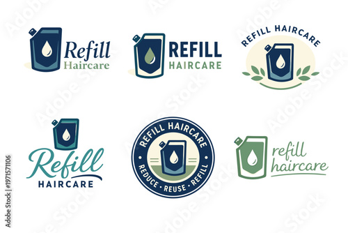 Eco-friendly refill haircare logos with leaf and water drop designs