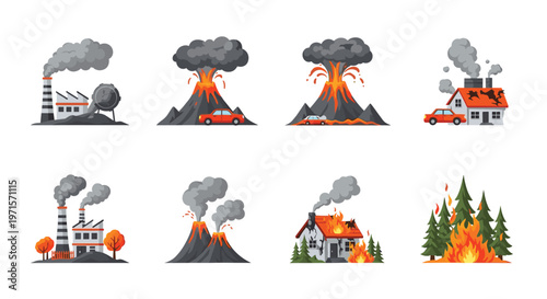 Pixel art collection of icons representing natural disasters and environmental pollution including volcanoes and house fires.