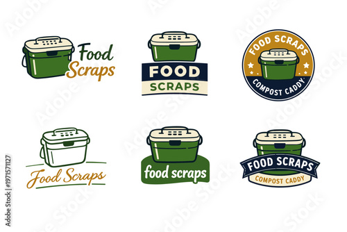 Set of compost caddy logos with food scraps text and green bins